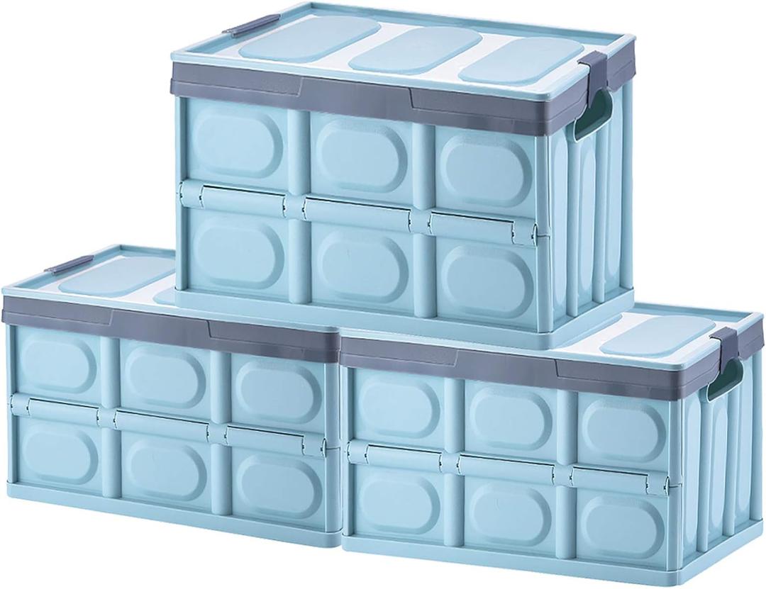 Phyllia Foldable Storage Boxes with Lidsz, 3 Pack Collapsible Plastic Storage Bins Organizer Containers Baskets Cub with Cover, Stackable Utility Crates Storage Box , Blue, 30L 