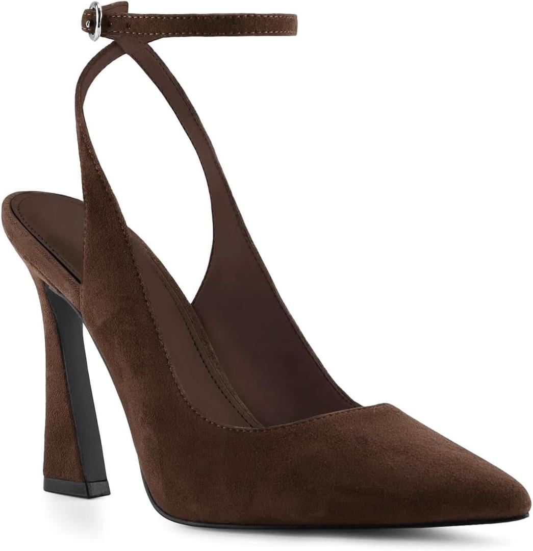 Womens Closed Toe Ankle Strap Heels Pointed Toe Pumps Shoes Slingback High Heel Wedding Dress Shoes (Brown, 8)