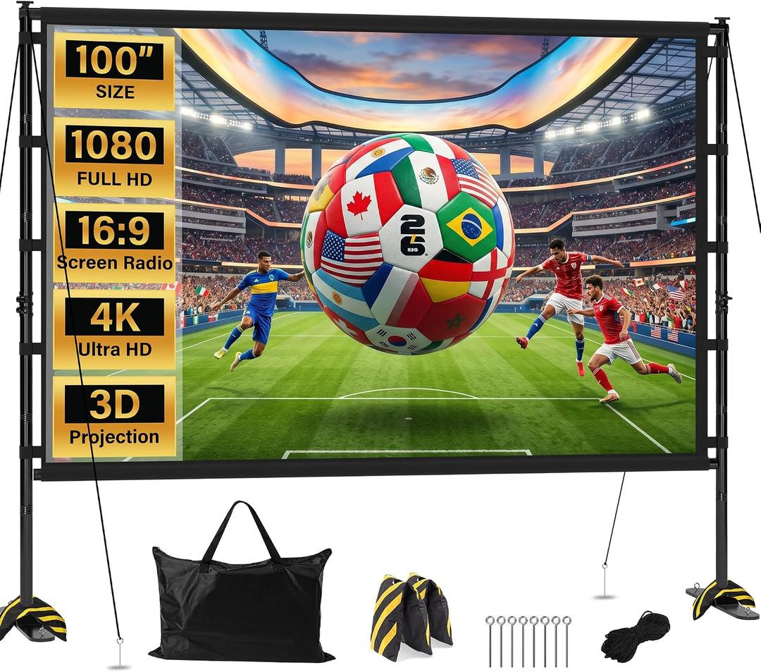 Outdoor Projector Screen with Stand 100 Inch, 16:9 Portable 4K HD Indoor Movie Screen, Large Double-Sided Washable Screen with Carry Bag, Sandbags for Backyard, Camping, Home Theater