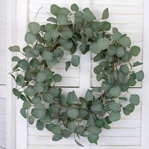 idyllic Eucalyptus Leaves Wreath Metal Polyester Fabric Paper Round Green Wreath 22 Inches for The Front Door Decor
