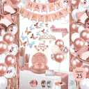 236 Pcs Birthday Decorations For Women, Rose Gold Party Decorations Kit For Girls Or Women - Butterfly, Hanging Swirl, Balloon Stand, Sash, Tiara, Banner, Balloon, Tableware For 25 Guest