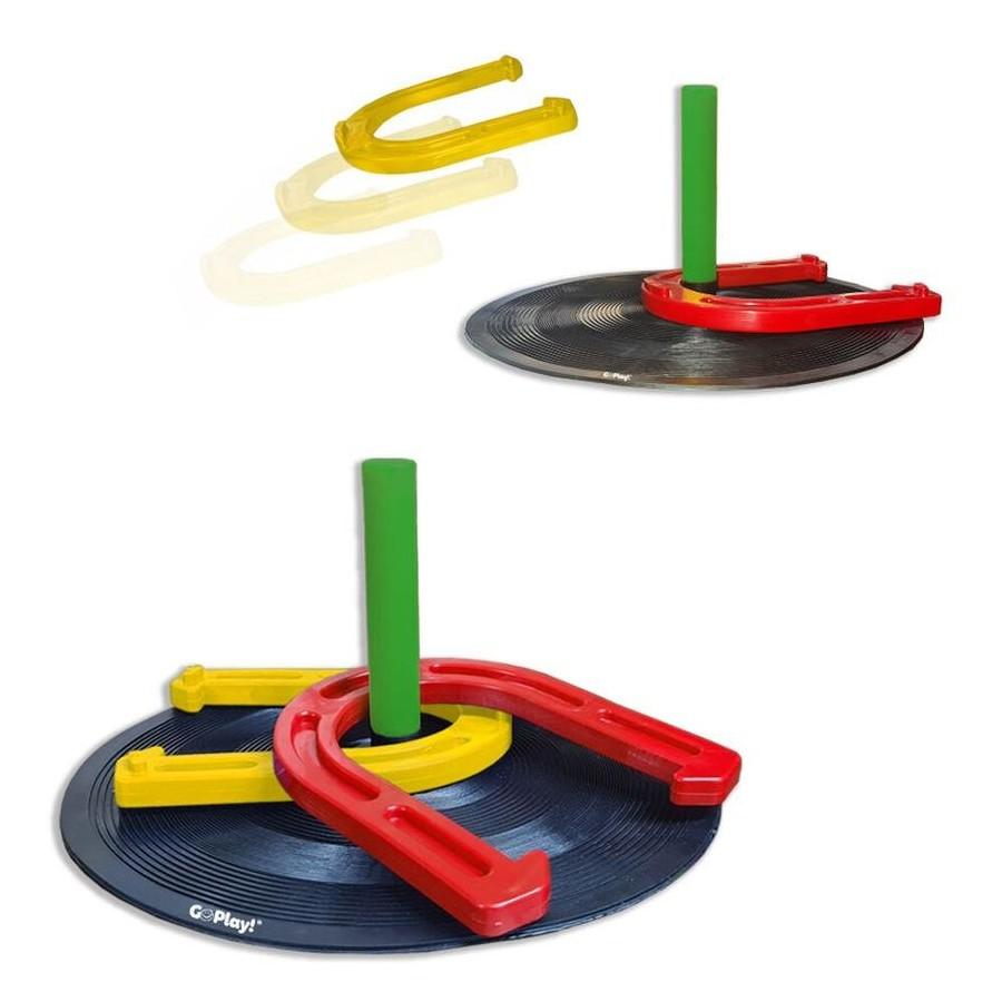 Horseshoe Throwing Game, Indoor and Outdoor, 2 Posts with Rubber Plate, 2 Garden Stakes, 4 Rubber Horseshoes, with Mesh Bag