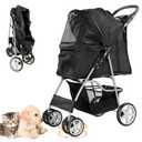 Pet Stroller for Small Dogs and CatsQuick-Folding Portable Travel Cat Dog Stroller with Storage Basket and Cup Holder, 4 Wheels, Pure Black