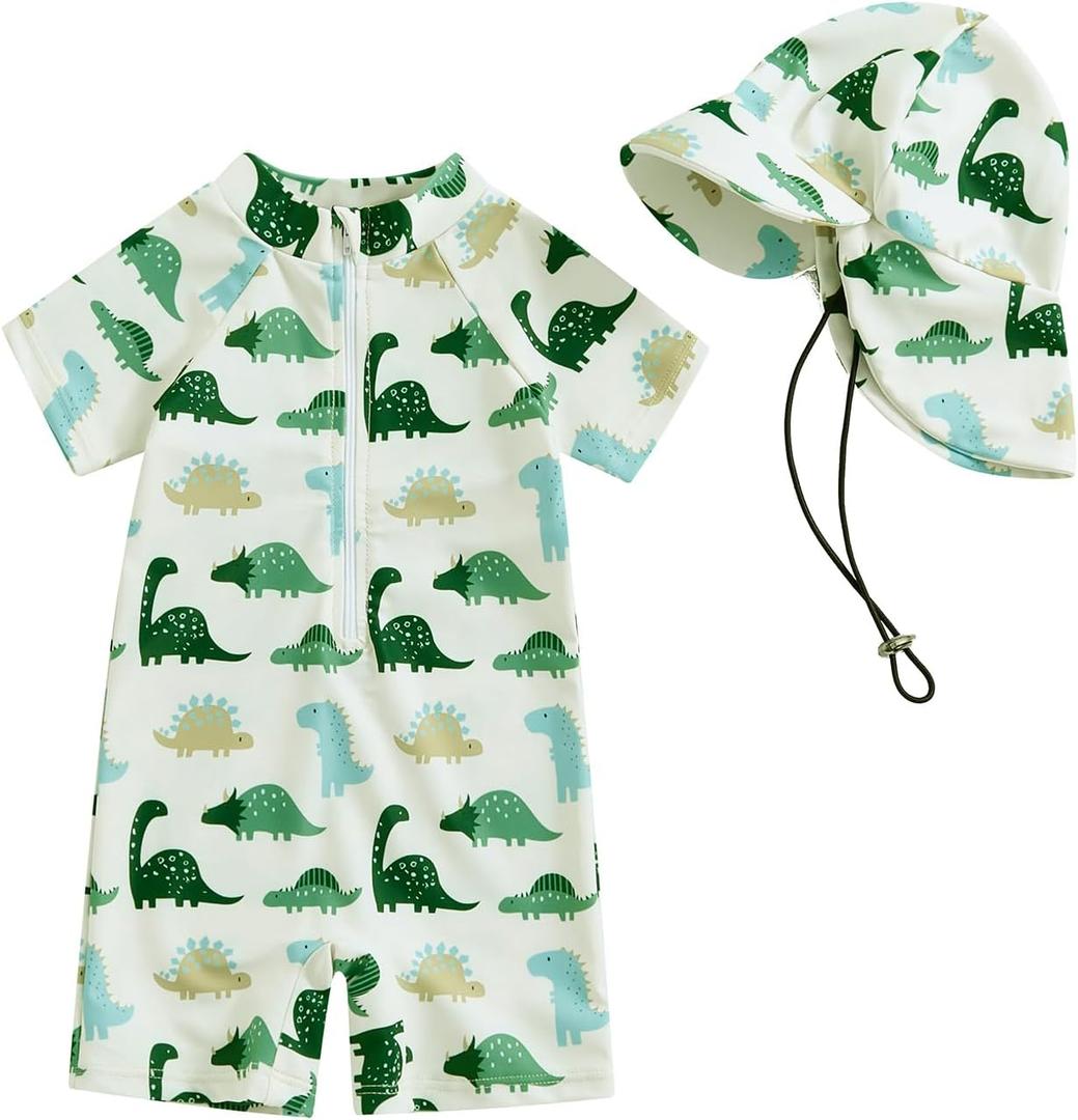 Socutebabe Toddler Infant Baby Boys Girl Swimsuit Kids Rash Guard One Piece Newborn Zipper Bathing Suit Swimwear with Hat (df-Green, 6-12 Months)