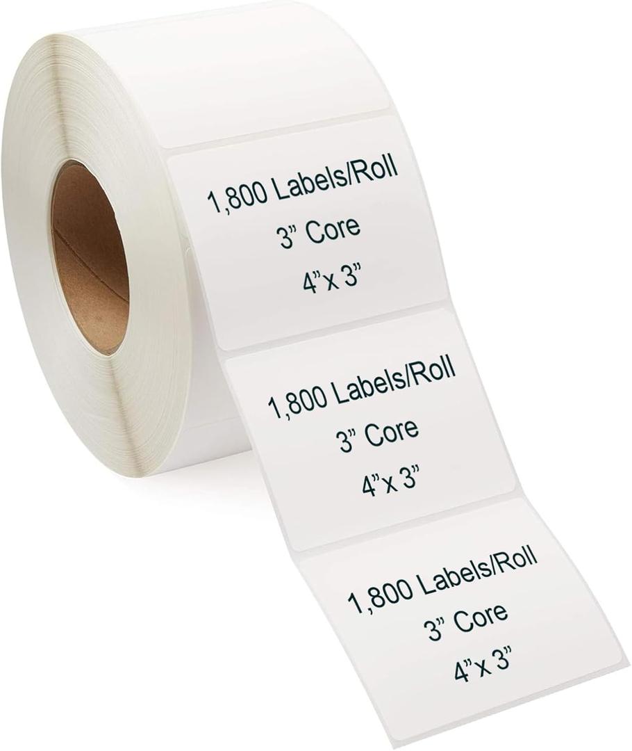 Industrial Thermal Transfer Labels, 4 x 3 Inches, 3 Inch Core, 1,800 Labels/Roll- 1 Rolls/Case, Perforated, Ribbon Required, for Thermal Transfer Printers (White)