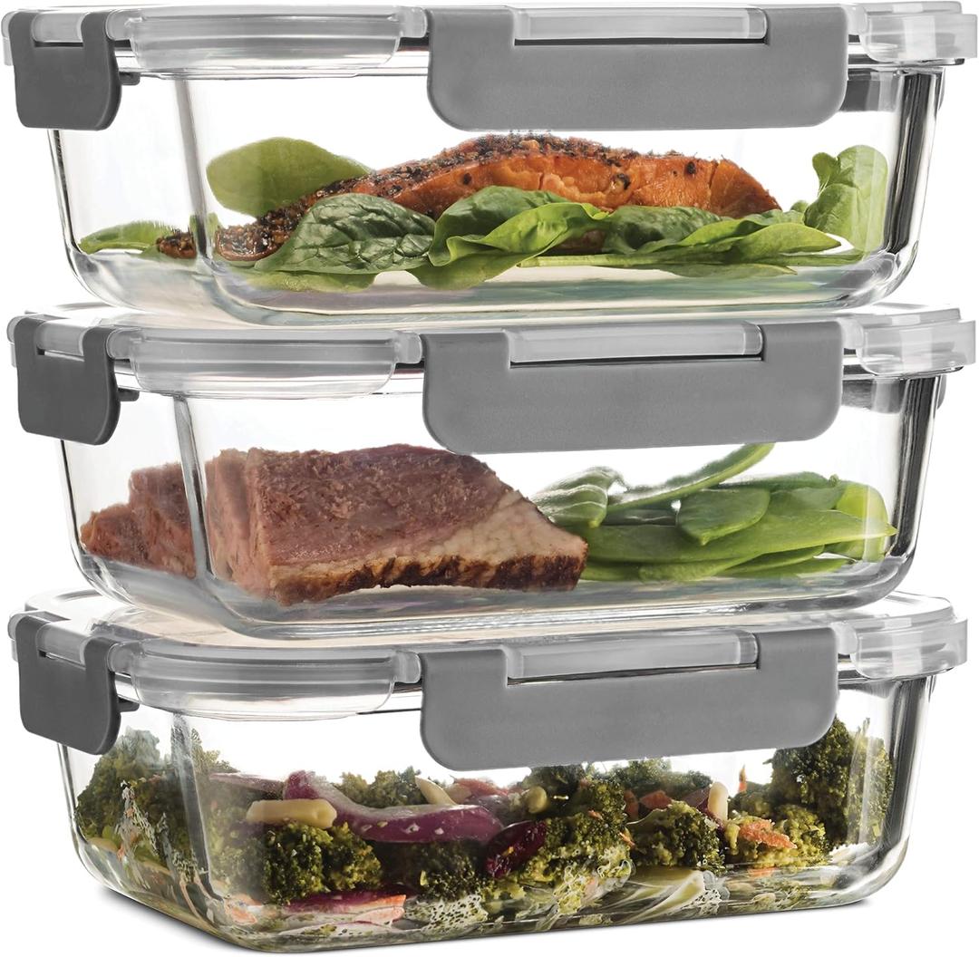 FineDine 14-Piece Superior Glass Food Storage Containers Set, 35oz Capacity - Newly Innovated Hinged Locking lids - 100% Leakproof Glass Meal-Prep Containers, Freezer-to-Oven-Safe
