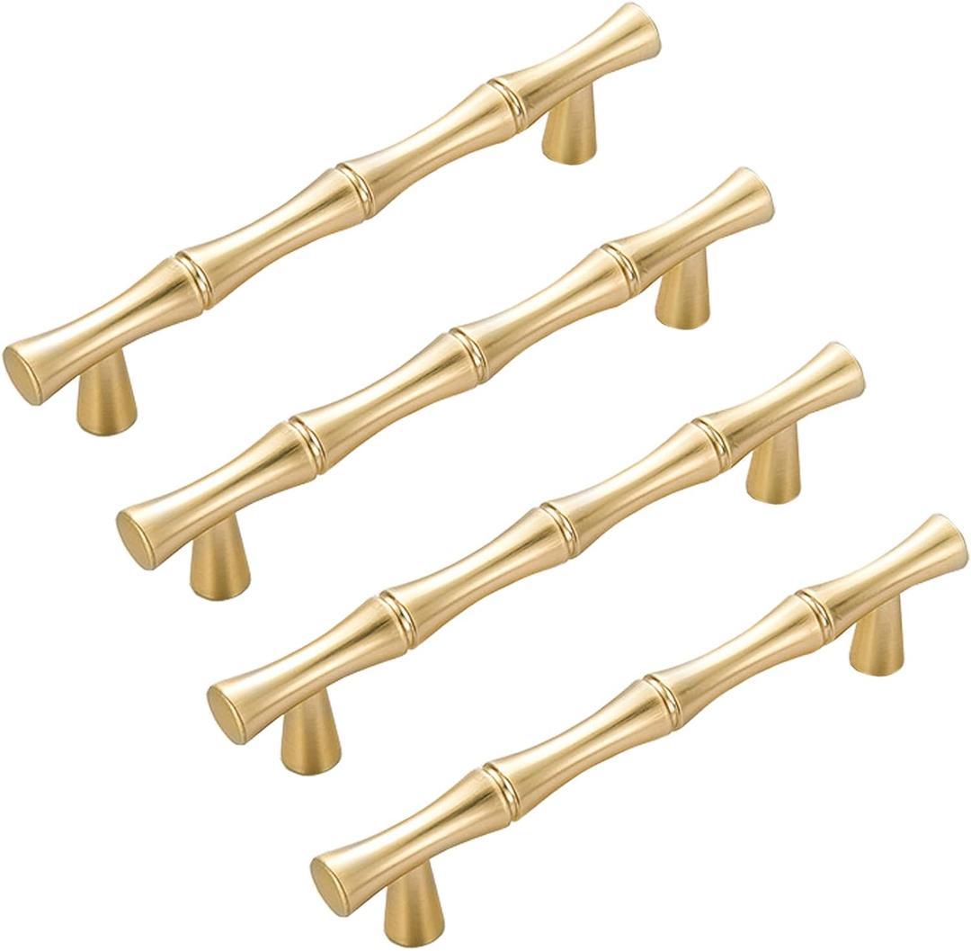 Zinc Alloy Gold Cabinet Handles 3-3/4"(96mm) Hole Centers Bamboo Shape Cabinet Dresser Pulls for Decorative Furniture Accessories Pulls, Pack of 4