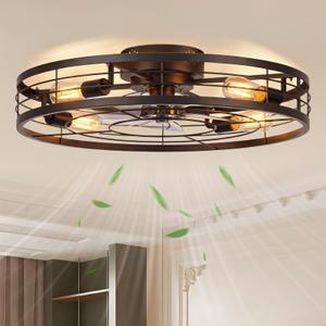 VOLISUN 27.6'' Caged Ceiling Fan with Light and Remote,Rustic Low Profile Ceiling Fan with Light Flush Mount, Farmhouse Bladeless Fandelier Ceiling Fans with Lights for Kitchen,Bedroom-Black