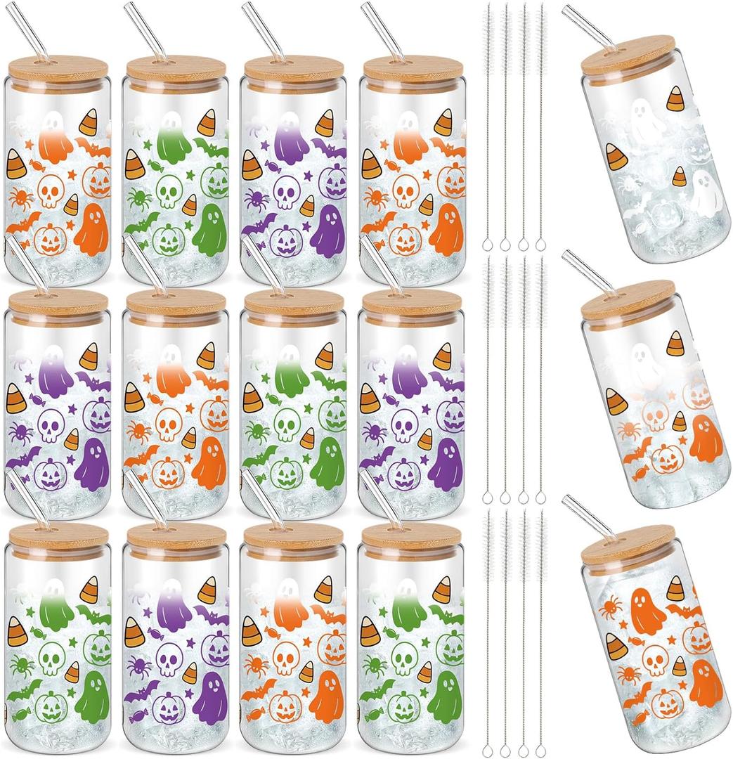 12 Packs Halloween Glass Cups Gifts Boo Baskets Stuffers 16oz Color Changing Cups with Lid Straw Pumpkin Ghost Skull Iced Coffee Drinking Glass Tumbler Halloween Gifts for Women Party Decor