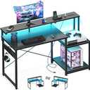 AODK Computer Desk, 48 Inch Gaming Desk with Led Lights & Power Outlet, Office Desk with Storage Shelves, Reversible Desk with Monitor Shelf & Headphone Hook, Carbon Fiber Black