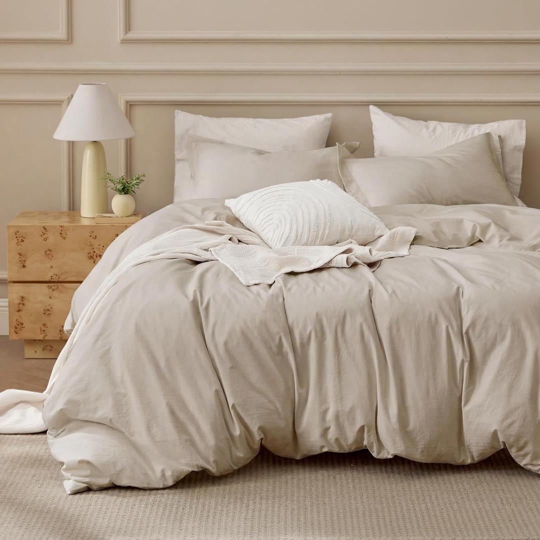Bedsure 100% Washed Cotton Duvet Cover King Size - Oatmeal Minimalist Cotton Duvet Cover Linen Like for All Seasons - GentleSoft Plain Simple Bedding (Oatmeal, King, 104"x90")