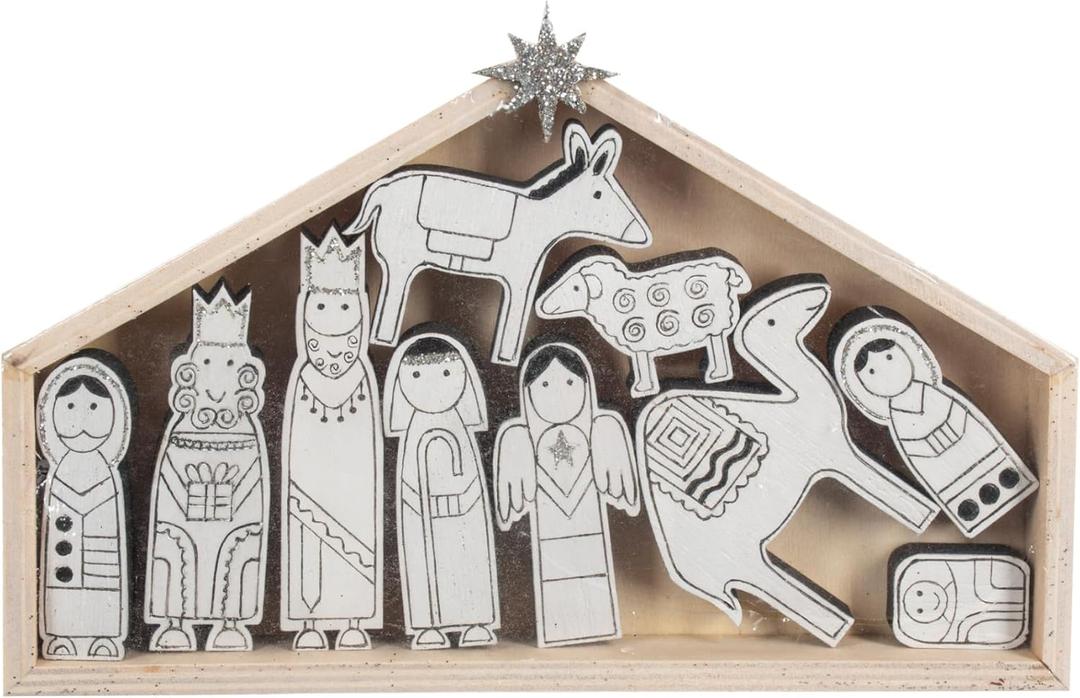 Ganz Midwest Decorative Christmas Figurine Set, 4 x 3 Inch Wood, Nativity with Creche - Assorted Set of 11