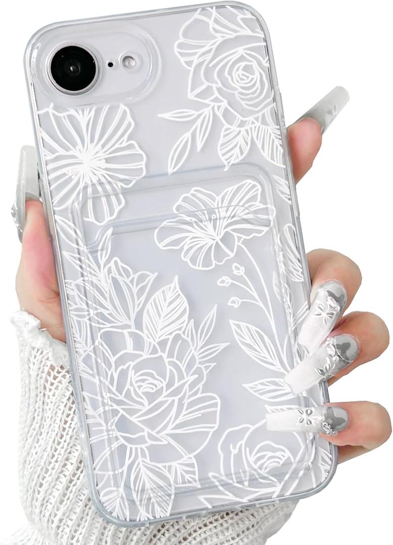 2 x NITITOP Compatible with iPhone 16e Case with Card Holder Clear Cute Line Rose Floral Flowers for Women Girls Soft TPU Wallet Shockproof Protective Cover - White