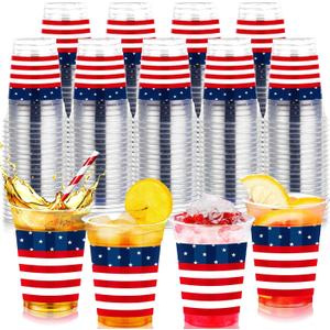 Pickmesh 100 Pcs 12oz 4th of July Cups Plastic Patriotic Cups Disposable Independence Day Decorations Red White Blue for July 4th Flag Day American USA Party Supplies Picnic(American Flag Pattern)