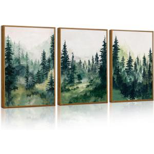 Tinonedraw Watercolor Forest Framed Canvas Wall Art Set, Modern Pine Tree Wall Painting, Nature Foggy Landscape Wall Decor, Misty Mountain Art Prints for Bedroom Living Room Farmhouse Office 16"x24"x3