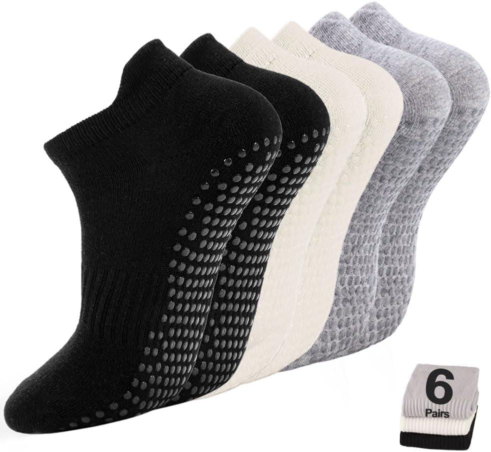 5 Pairs Pilates Socks with Grips for Women Non Slip Grip Yoga Crew Socks for Barre Hospital Barefoot Workout