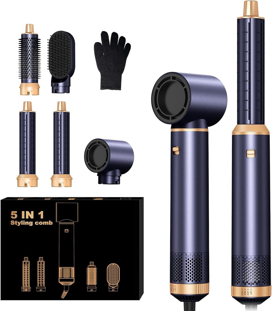 5 in 1 Hair Dryer Brush, Negative Ion Blow Dryer Brush Set Upgrade Hot Air Brush Air Styler Curling Wrap Air Curler, Curling Iron Hair Styling Tools As A Gift for Straight/Curl/Drying/Smoothing (Blue Rose Gold)