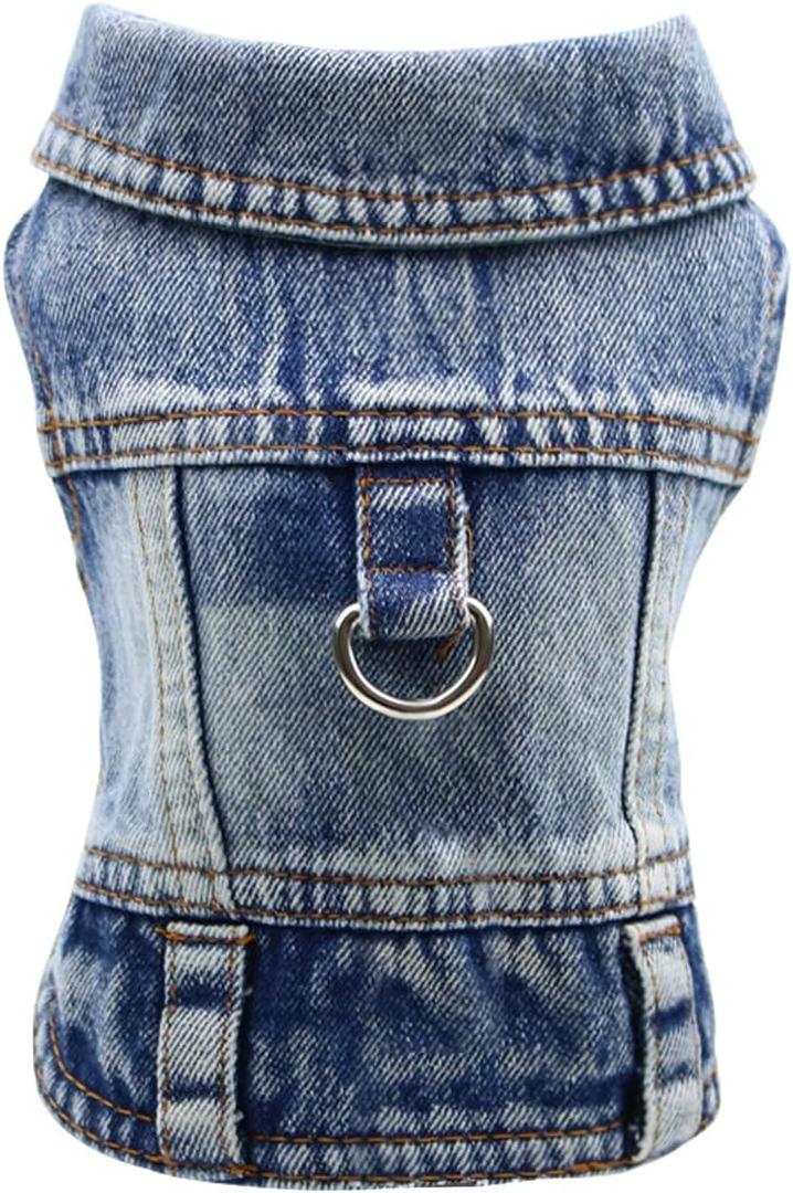 Dog Jean Jacket, Blue Denim Shirt Classic Lapel Vest Coat Costume Puppy T-Shirt, Comfort Tank Top Cool Apparel, Washed Pet Clothes for Dogs Boy Girl (with D-Ring, Large)