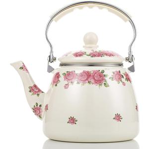 Tea Kettle Pot for Stove Top,Porcelain Large Enamel Teakettle,3.3L Colorful Teapot Floral Ceramic for Stovetop,Retro Classic Design (Ivory)