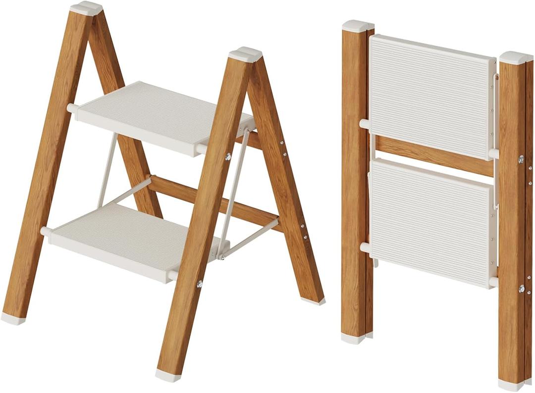 Mayi Plus 2-Step Aluminum Ladder,Lightweight Folding Step Stool with Extra-Wide Anti-Slip Steps,330 lbs Capacity,Compact Space-Saving Design for Home,Kitchen and OfficeWhite&Woodgrain