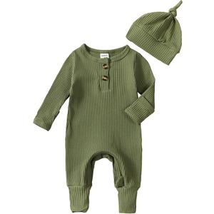 Newborn Baby Boy Romper Ribbed Knit Jumpsuit Long Sleeve Button Onesie Hat Coming Home Outfit Fall Winter Clothes