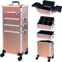 Professional Rolling Makeup Case, Cosmetology Case on Wheels 4 in 1 Large Cosmetic Train Case, Ideal Gift for Hairstylist, Nail Techs, Portable Beauty Organizer for Travel or Salon Use