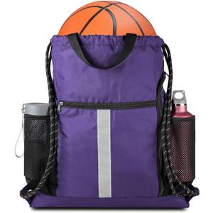 BeeGreen Purple String Bag Sack Gym Backpack with Shoe Compartment and Two Water Bottle Holder for Men Women Lightweight Durable Drawstring Cinch Sackpack