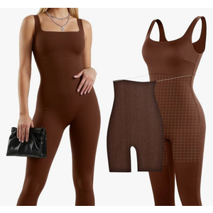 Popilush Shapewear Jumpsuits for Women Built-in Bra Tummy Control Bodysuit Square Neck Sport Romper Summer Outfit, M