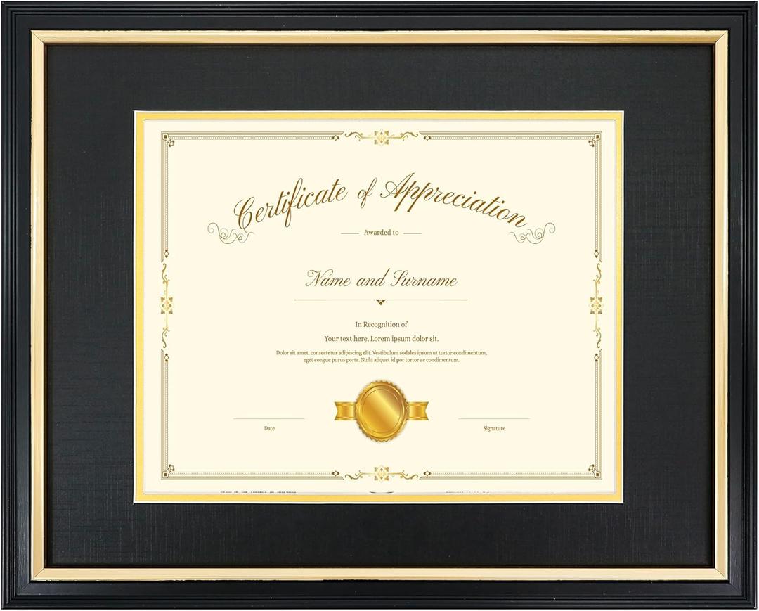 11x14 Document Frame with (Black/ Gold) Double Mat or 8x10 Without Mat for Certificate/ Diploma/ Picture, Solid Wood Degree Frame, Real Glass，Wall Display and Tabletop