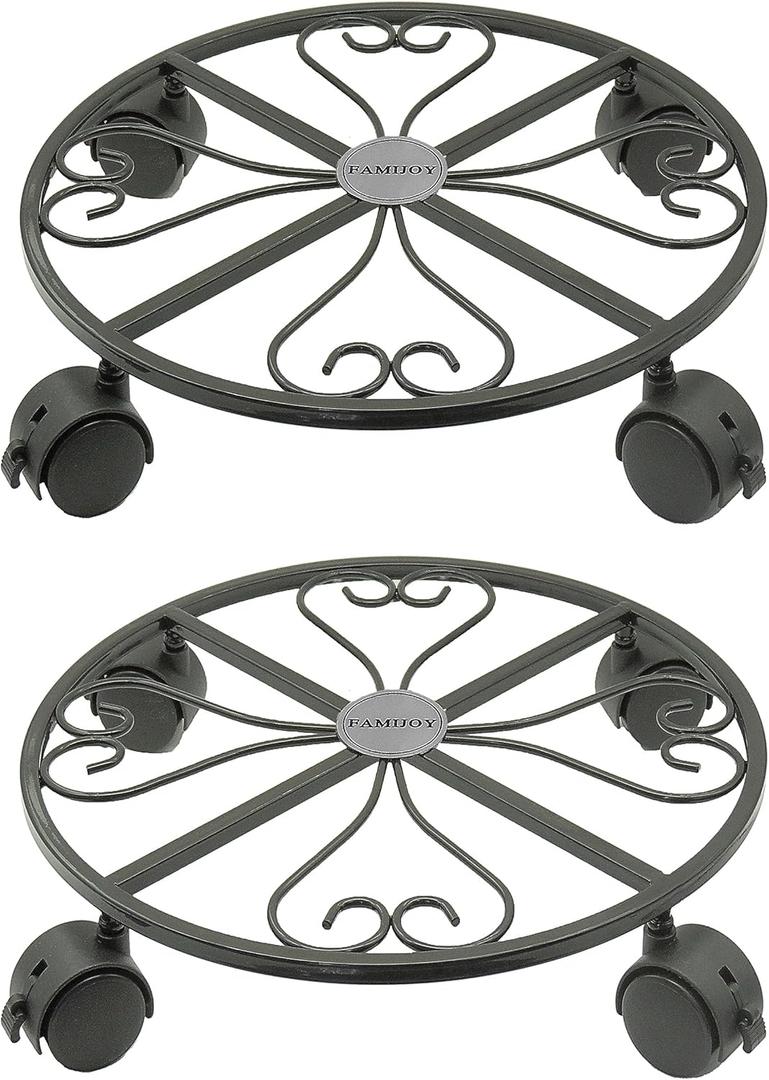 2 Pack Metal Plant Caddy,12 Inch Plant Stand Round Plant Roller with 4 360 Lockable Caster Wheels, Plant Dolly for Heavy Duty Flower Pots (12 Inches, Black)