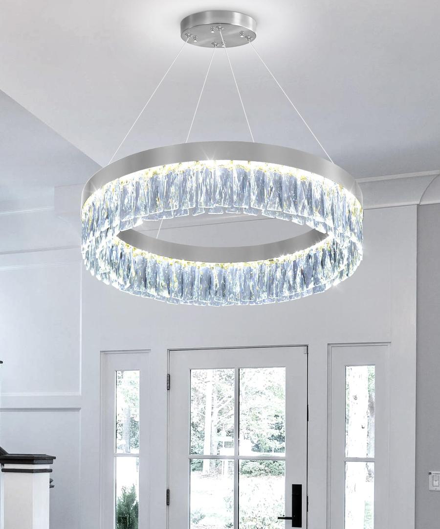 cenozo 23.6" 1 Ring Modern LED Dimmable Ring Chandelier Adjustable Round Crystal Chandelier for Dining Room Living Room Silver