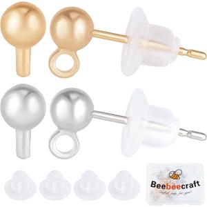 Beebeecraft 40Pcs/Box 2 Colors Ball Stud Earrings with Loop 18K Gold&Platinum Plated Brass Round Ball Earring Posts with Earring Backs for DIY Jewelry Dangle Earring Making(15x4mm),Golden & Silver