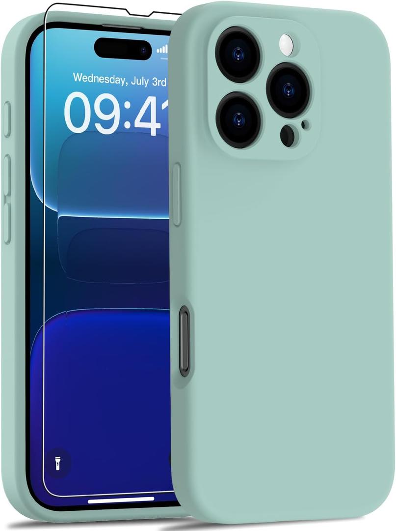 Goodon Designed for iPhone 16 Pro Max Case with Screen Protector - Enhanced Camera Cover - Soft Microfiber Lining -Liquid Silicone Shockproof Protective Phone Cover for Men Women Girls -Mint Green