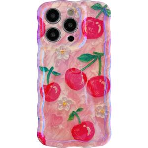 Caseative for iPhone 16 Pro Max Case,Curly Wavy Frame Cherry Flower Floral Print Phone Case (Cherry)
