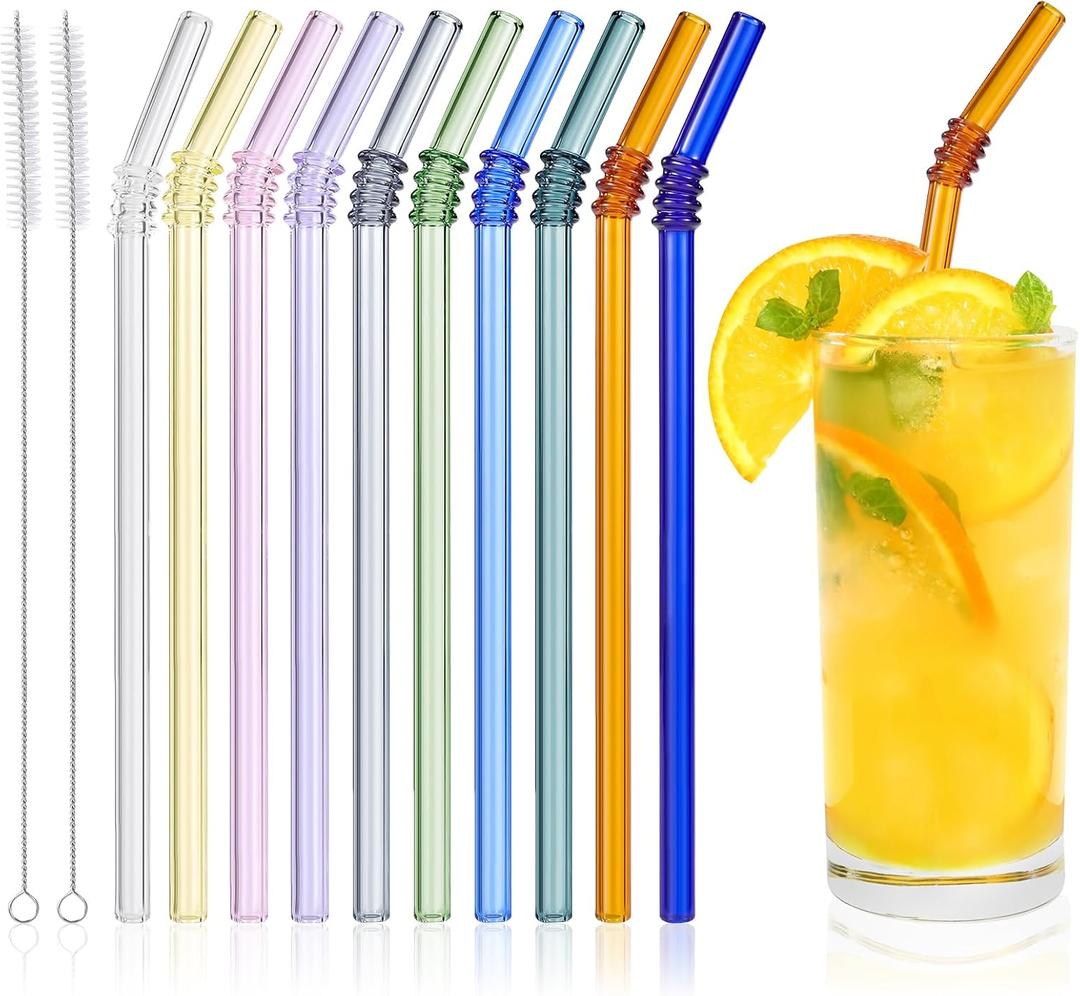 10 Pcs Reusable Bent Colored Glass Straws,8''x8 mm Shatter Resistant Cute Drinking Straws with 2 Cleaner Brush for 16 oz 18 oz Glass Cups and Home Drink Cups