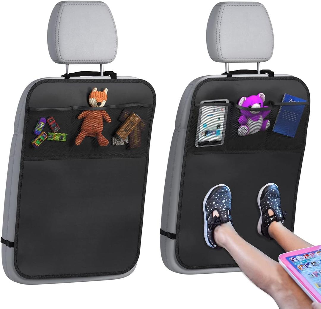 lebogner Back Seat Cover For Kids + 3 Pocket Storage Organizer, 2 Pack X-Large Waterproof Kick Mats Backseat Protector, Car Seat Back Protectors For Vehicles To Protect From Dirt, Mud & Scratches (Black)
