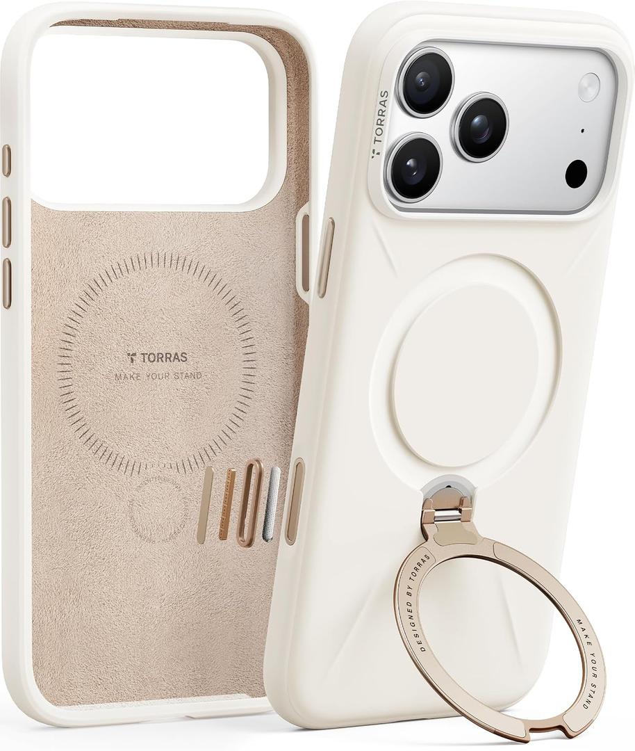 TORRAS Q3 Silicone for iPhone 17 Pro Case with Stand, Fit for MagSafe, Magnetic 360 Spin Kickstand with Camera Control, Liquid Silicone Rubber Soft Phone Case for iPhone 17 Pro, Light Ivory