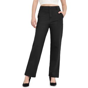 Balleay Art Women Straight Leg Dress Pants High Elastic Waisted Slacks Business Casual Work Office Trousers (Black, XL)