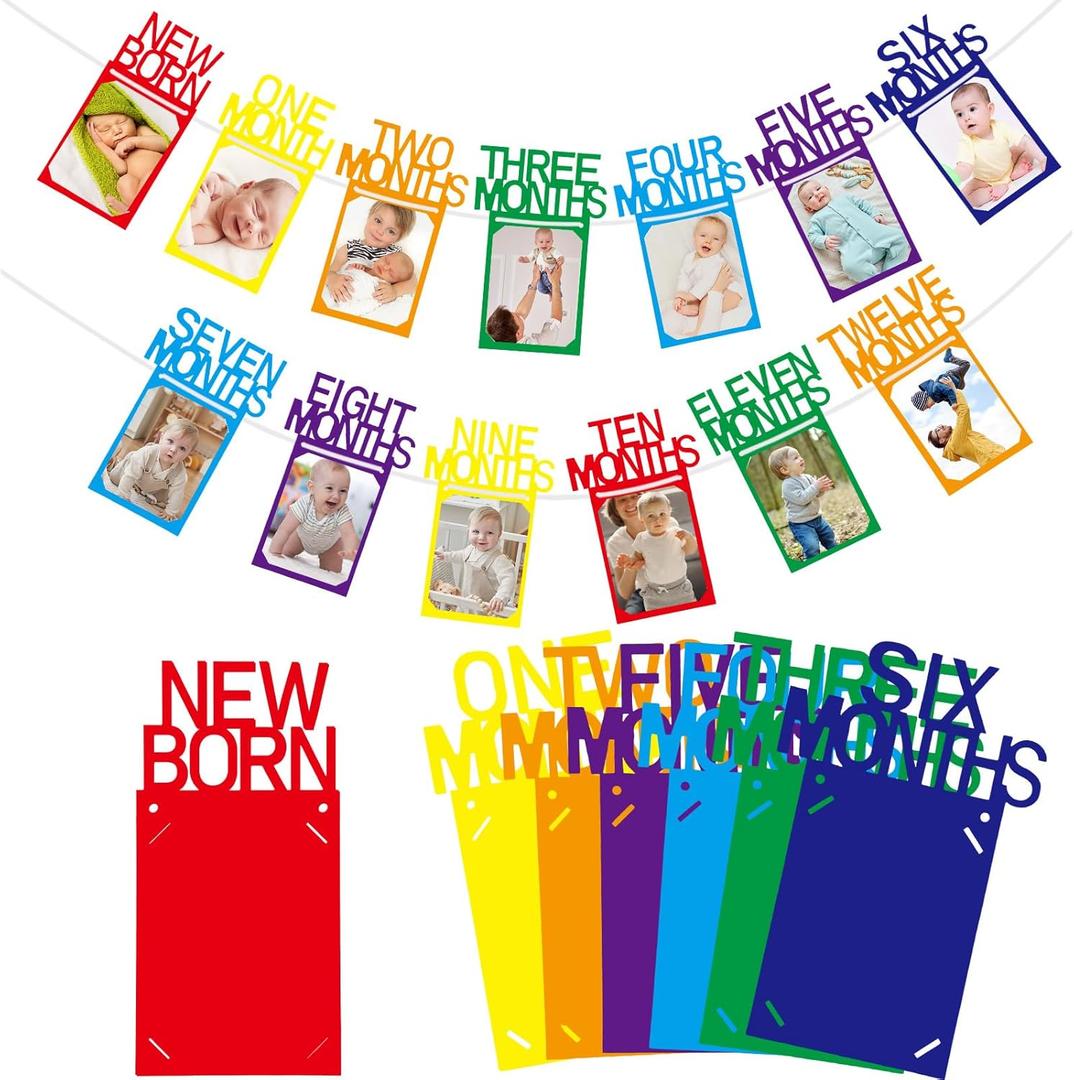 Buryeah Rainbow 1st Birthday Photo Banner for Baby from Newborn to 12 Months One Year Photo Banner with Frame First Birthday Party Decorations for Girl Monthly Milestones Garland