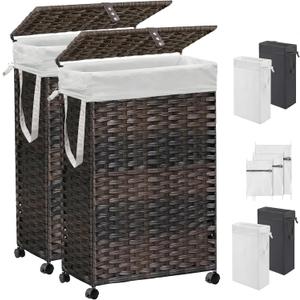 70L Slim Laundry Hamper with Lid & Wheels, 2-Park Rolling Laundry Basket with 4 Removable Liner Bags & 3 Mesh Bags, Narrow Dirty Clothes Basket, Foldable Handwoven Rattan Laundry Sorter, Brown 70L Slim Laundry Hamper with Lid & Wheels, 2-Park Rolling Laundry Basket with 4 Removable Liner Bags & 3 Mesh Bags, Narrow Dirty Clothes Basket, Foldable Handwoven Rattan Laundry Sorter, Brown
