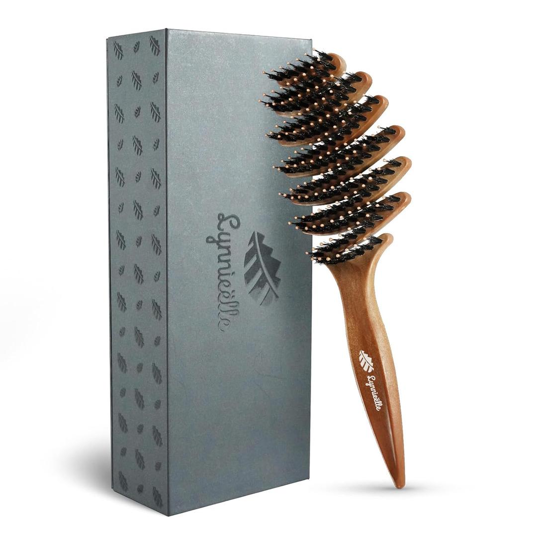 Boar Bristle Hair Brush for Fine Hair - Ultimate Smoothing Vented Detangler Wet Brush for Women, Gentle Scalp Massage, A Great Gift (Beige)