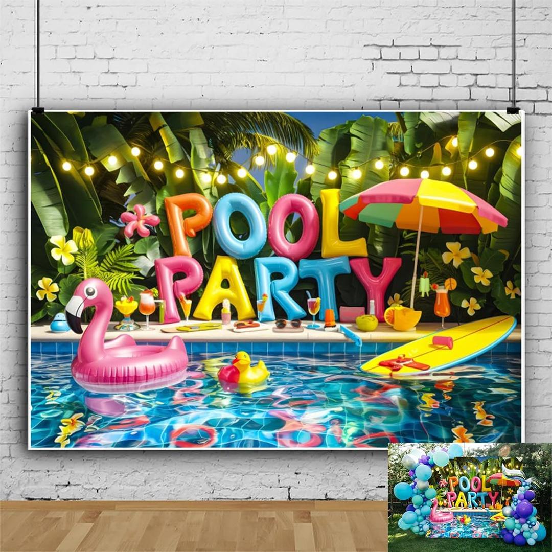Pool Party Backdrop 12x8ft Tropical Leaves Flower Flamingo Glitter Summer Backdrops for Photography Background for Birthday Swimming Hawaiian Beach Luau Party Decorations Photo Props