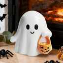 Halloween Ghost Figurine with Pumpkin Bucket, Resin Polished Cute Ghost Statue, Small Tabletop Halloween Ghost Decor for Home, Office, Tiered Tray, Fall Spooky Party Ornament