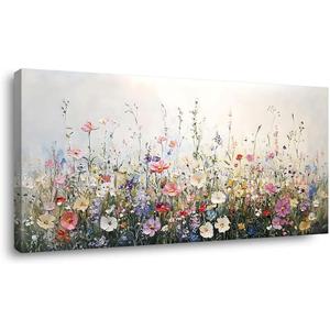 Pastel Wildflower Meadow Canvas Wall Art Colorful Spring Floral Botanical Artwork Soft Nature Canvas Painting Print Gallery Wrapped Decor for Living Room Bedroom Bathroom, 40x20 INCH