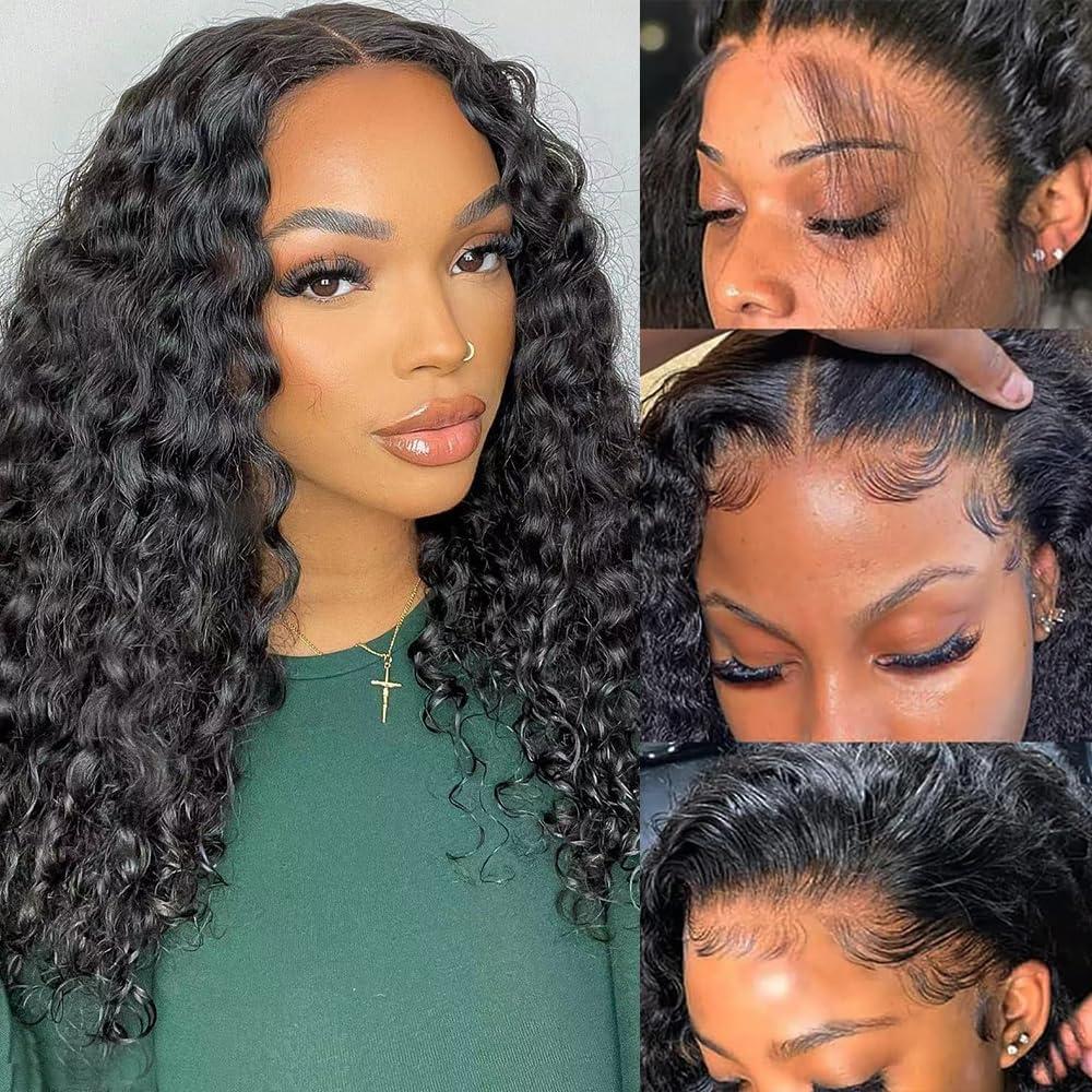 Deep Wave Wig Human Hair 4x4 HD Lace Front Pre Plucked Lace Frontal Black Women 200% Density Glueless (1B Black, 16 Inch)