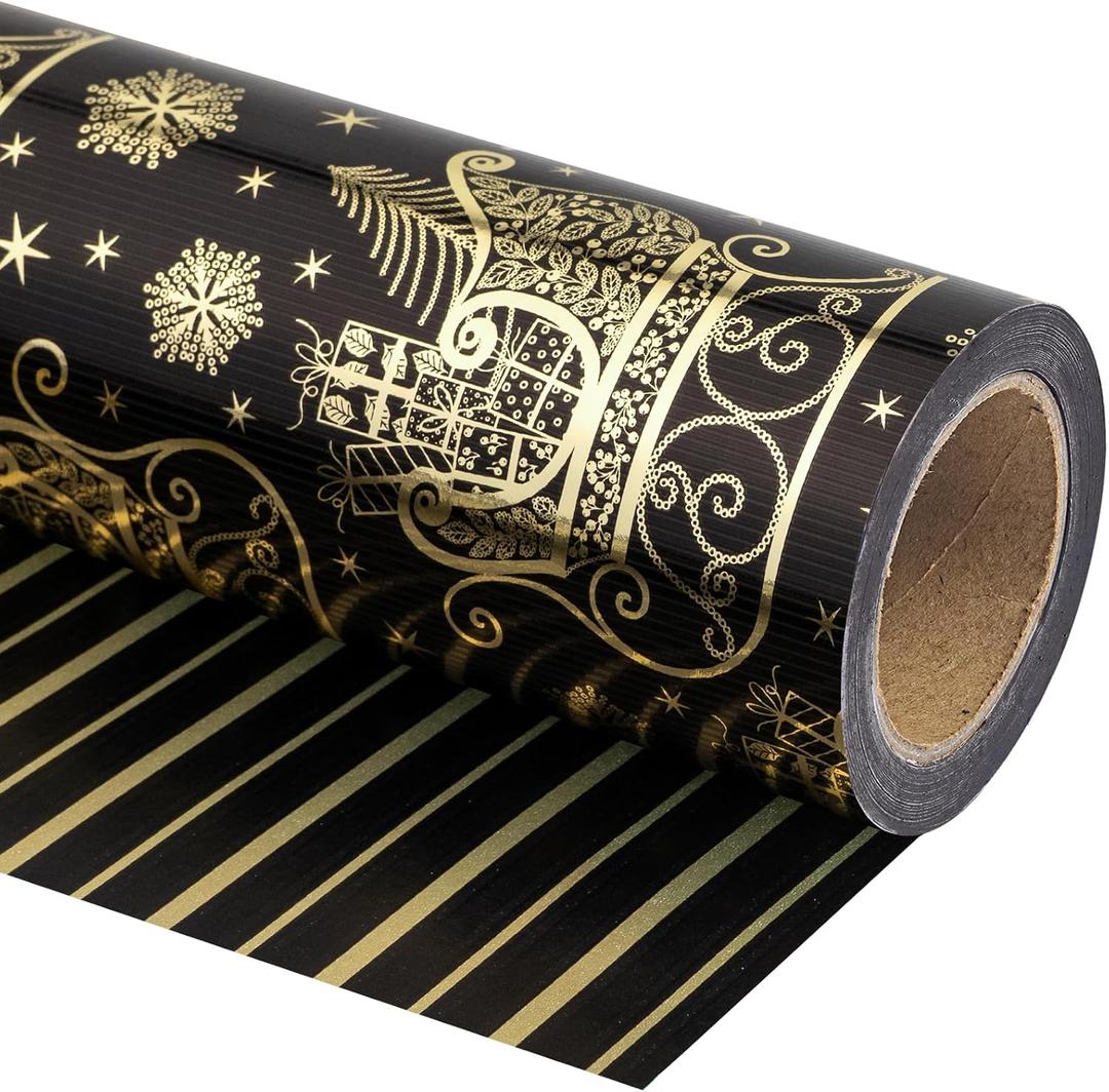 WRAPAHOLIC Reversible Black and Gold Christmas Wrapping Paper - Mini Roll - 17 Inch x 33 Feet - Black Gold Sleigh and Stripe Wrapping Paper with Metallic Foil Shine for Christmas, Holiday, Party