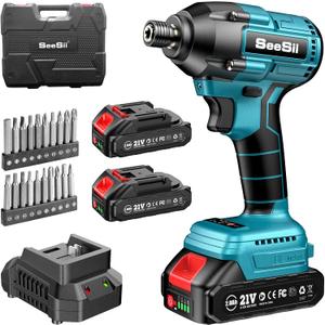 Seesii Impact Driver Kit, 21V Max Torque 1590 In-lbs(180 N.m) Cordless Impact Driver Set with Two 2.0 Ah Battery, 1/4" Hex Chuck Power Impact Drill, 0-2500 RPM Variable Speed, 20 Pcs Drill Bits, QH150