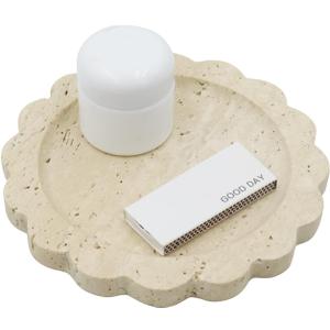 Round Marble Decorative Tray with Scalloped Edge, Luxury Natural Stone Bathroom Vanity Tray, Dresser Top Perfume Coffee Home Kitchen Sink Tray, Key Trinket Ring (8" x 8" x 0.7", Beige Travertine)