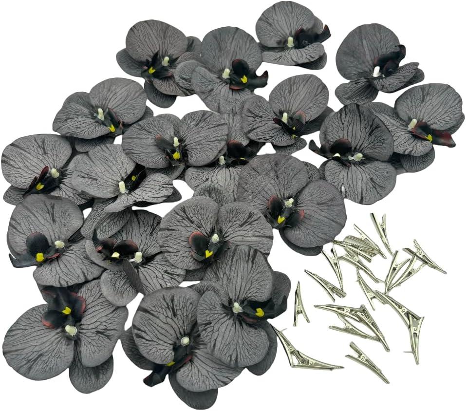 Urier Artificial Flower Heads Silk Orchid That Look Real, Fake Orchid Flowers with Clips, Tropical Faux Flower Heads DIY Orchid Clips, Wreath, Gift, Cake Decoration (20, Black)