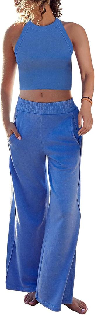 Ugerlov Women's Two Piece Summer Sets Ribbed Tank Crop Top Wide Leg Pants 2 Piece Outfits Matching Lounge Sets Tracksuit, Blue XL